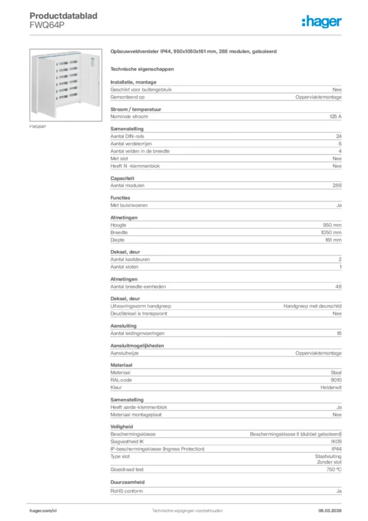 Afbeelding Hager Productdatablad FWQ64P | Hager Nederland