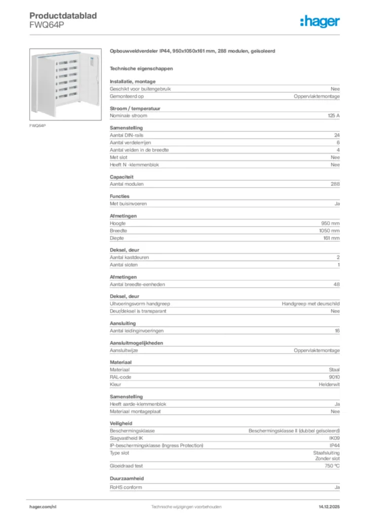 Afbeelding Hager Productdatablad FWQ64P | Hager Nederland