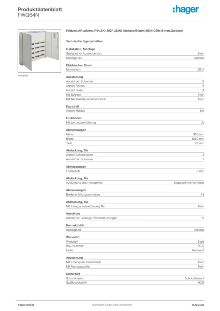 Bild Hager Produktdatenblatt FWQ64N | Hager Deutschland