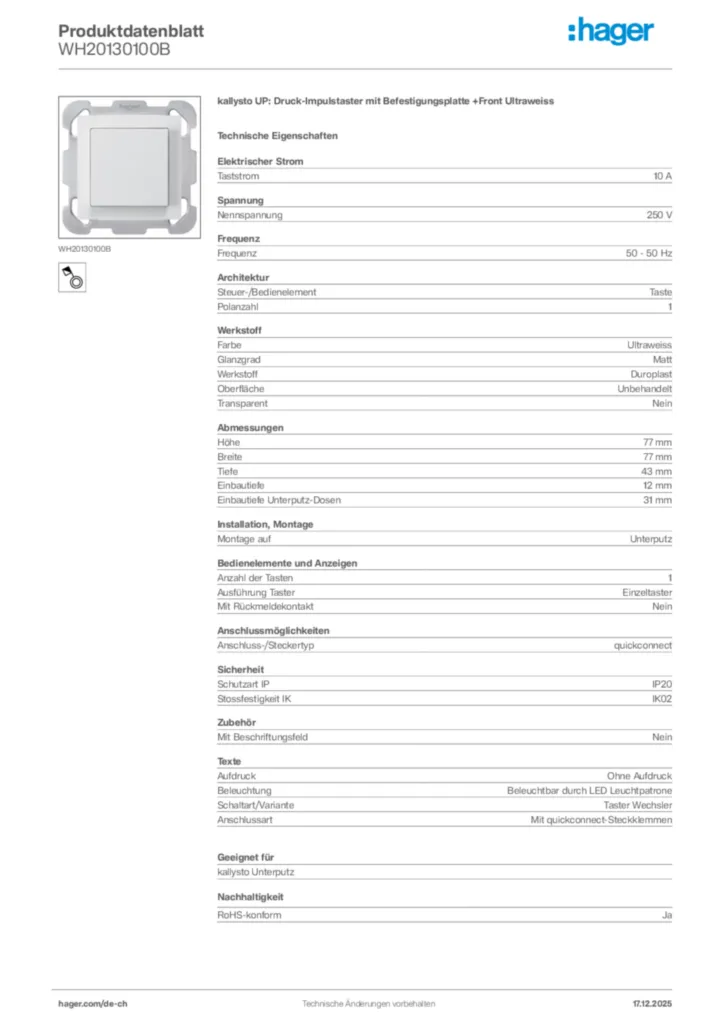 Bild Hager Produktdatenblatt WH20130100B | Hager Schweiz