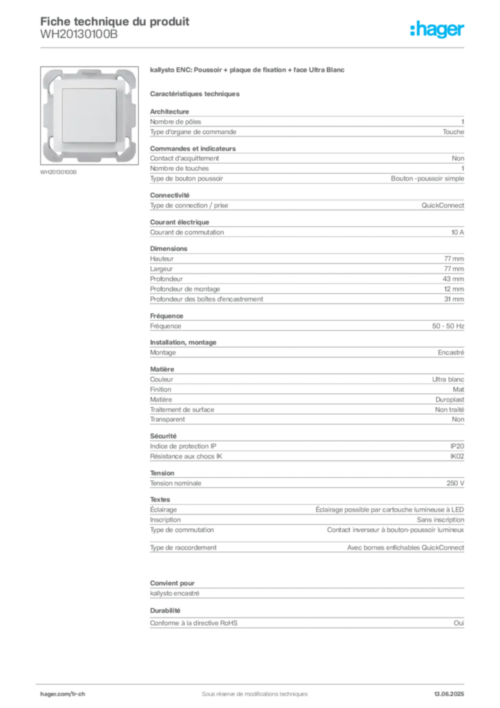 Image Hager Fiche technique du produit WH20130100B | Hager Suisse