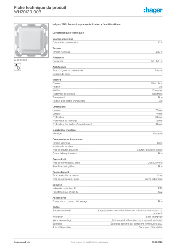 Image Hager Fiche technique du produit WH20130100B | Hager Suisse