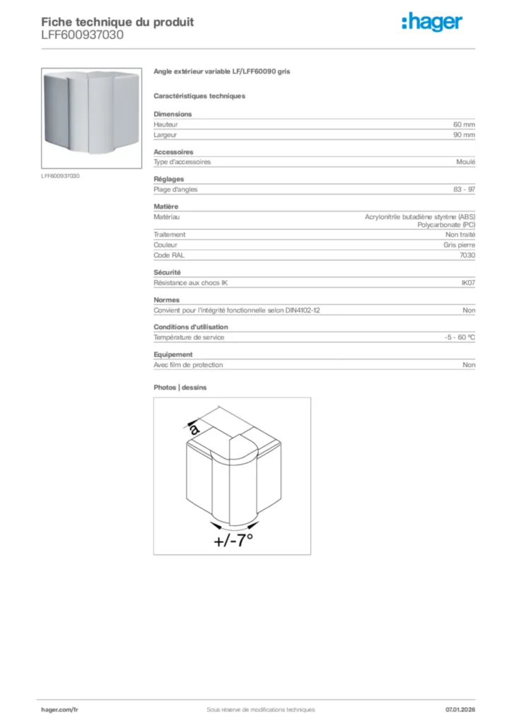 Image Hager Fiche technique du produit LFF600937030 | Hager France