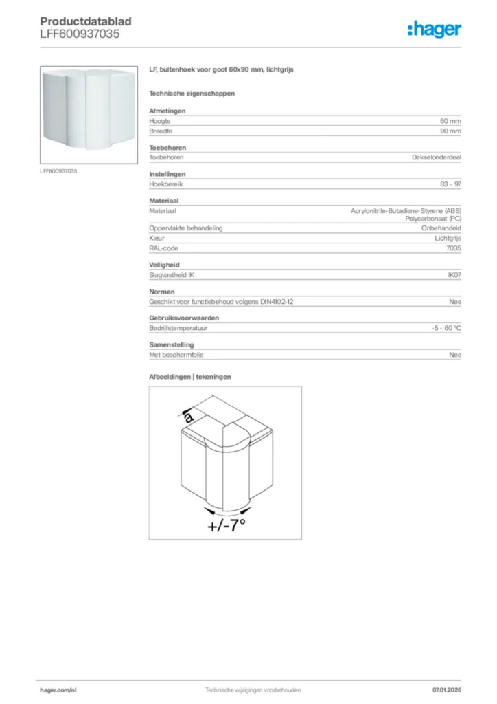 Afbeelding Hager Productdatablad LFF600937035 | Hager Nederland