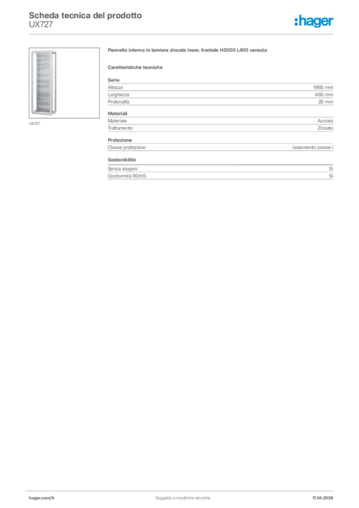Immagine Hager Scheda tecnica del prodotto UX727 | Hager Italia