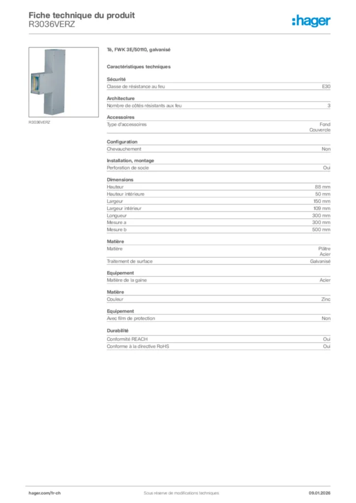 Image Hager Fiche technique du produit R3036VERZ | Hager Suisse