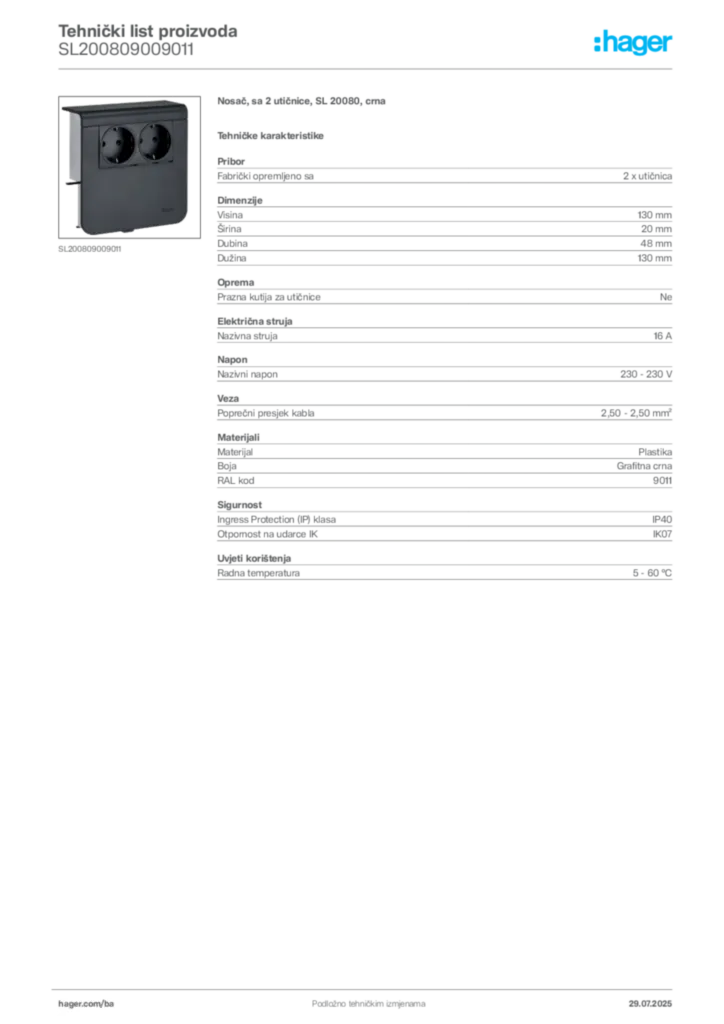 Slika Hager Product data sheet SL200809009011  | Hager