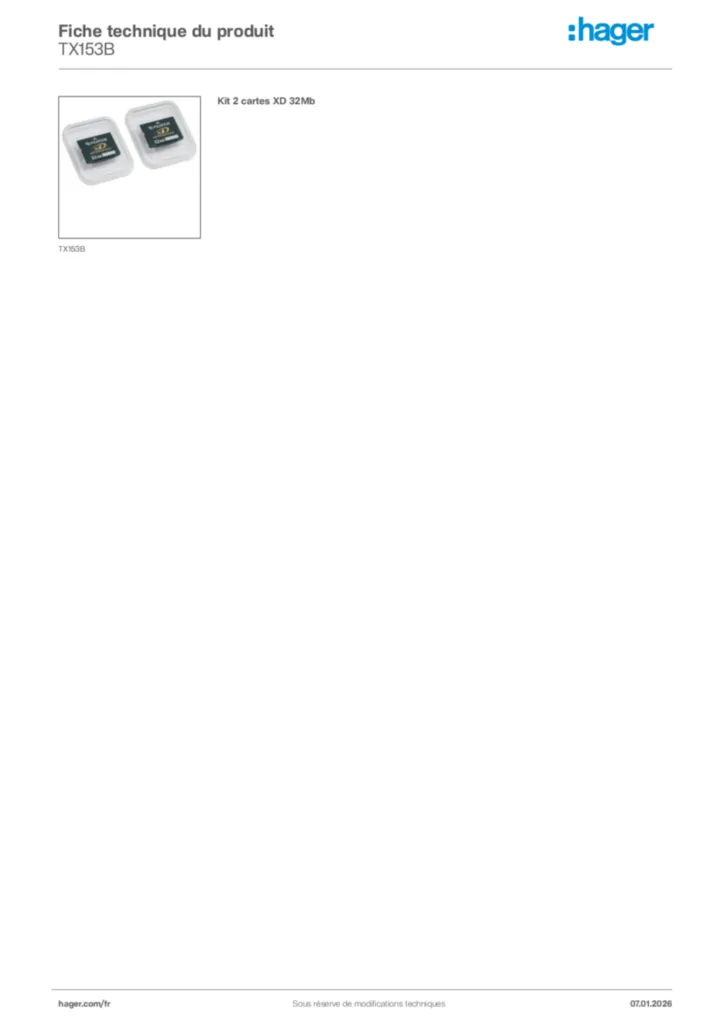 Image Hager Fiche technique du produit TX153B | Hager France