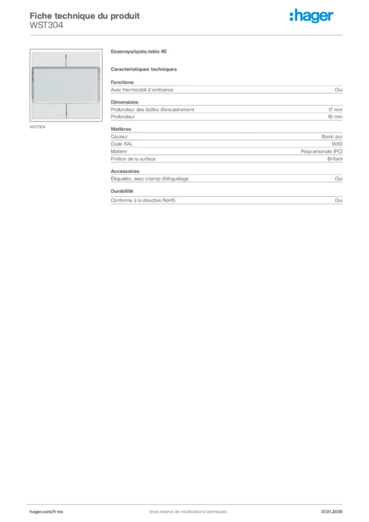 Image Hager Fiche technique du produit WST304 | Hager Belgique