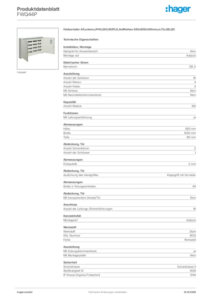 Bild Hager Produktdatenblatt FWQ44P | Hager Deutschland