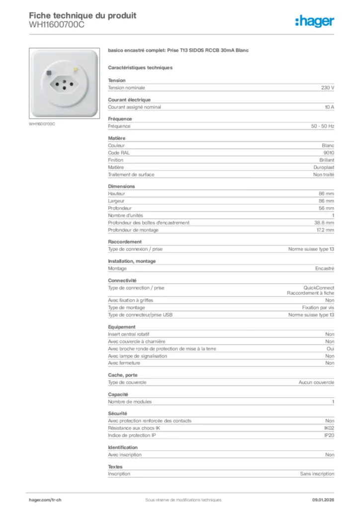 Image Hager Fiche technique du produit WH11600700C | Hager Suisse