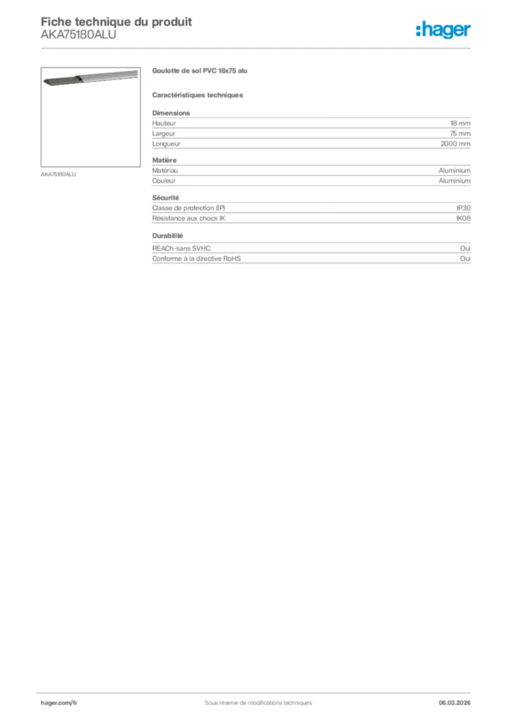 Image Hager Fiche technique du produit AKA75180ALU | Hager France