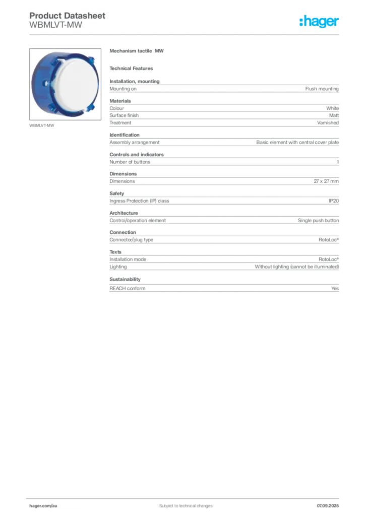 Image Hager Product data sheet WBMLVT-MW  | Hager Australia