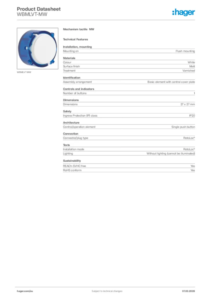 Image Hager Product data sheet WBMLVT-MW  | Hager Australia