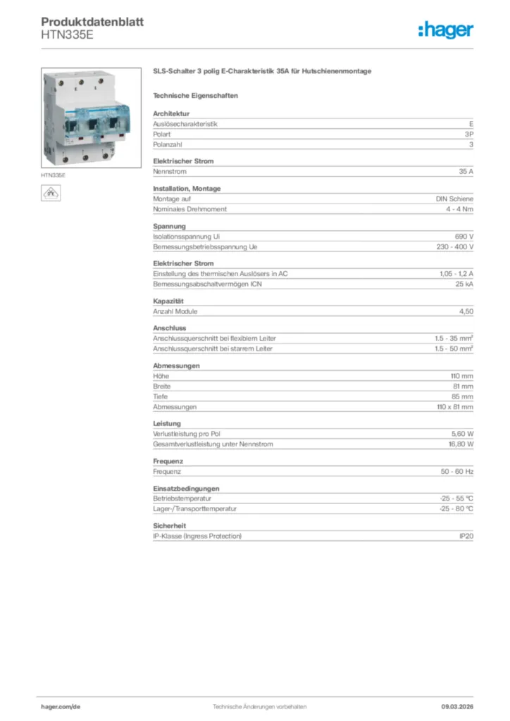 Bild Hager Produktdatenblatt HTN335E | Hager Deutschland