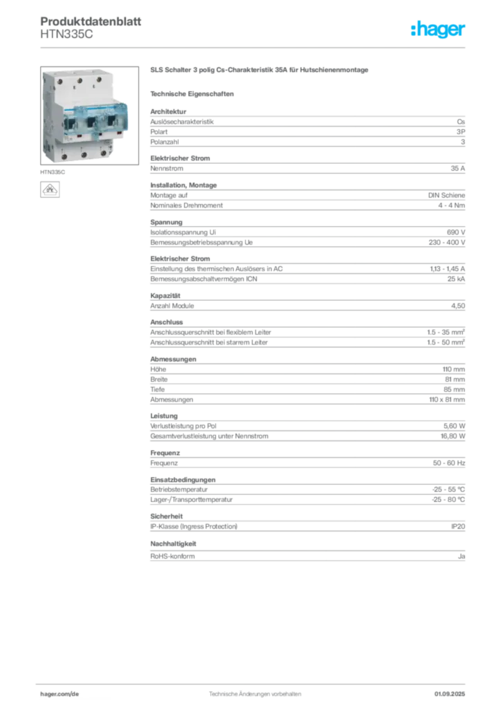 Bild Hager Produktdatenblatt HTN335C | Hager Deutschland