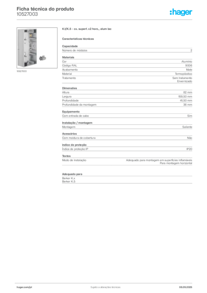 Imagem Hager Ficha técnica do produto 10527003 | Hager Portugal