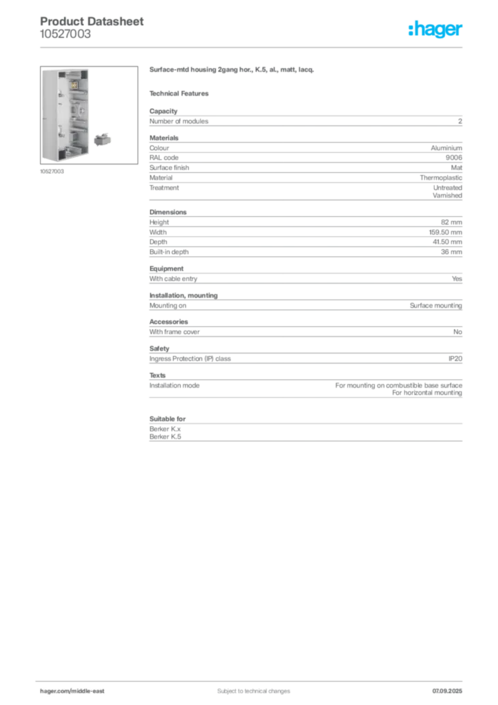 Image Hager Product data sheet 10527003  | Hager