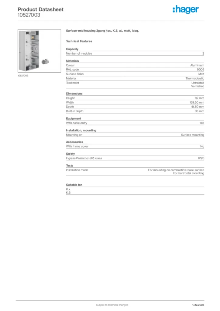 Image Hager Product data sheet 10527003  | Hager