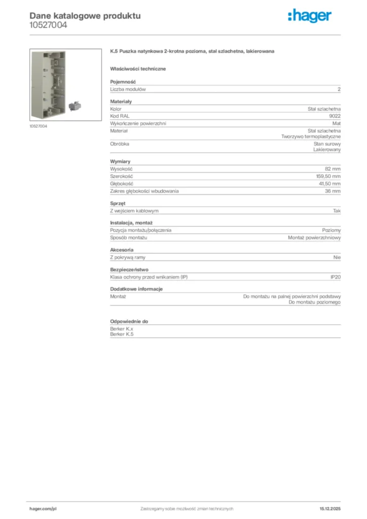 Zdjęcie Hager Karta katalogowa 10527004 | Hager Polska