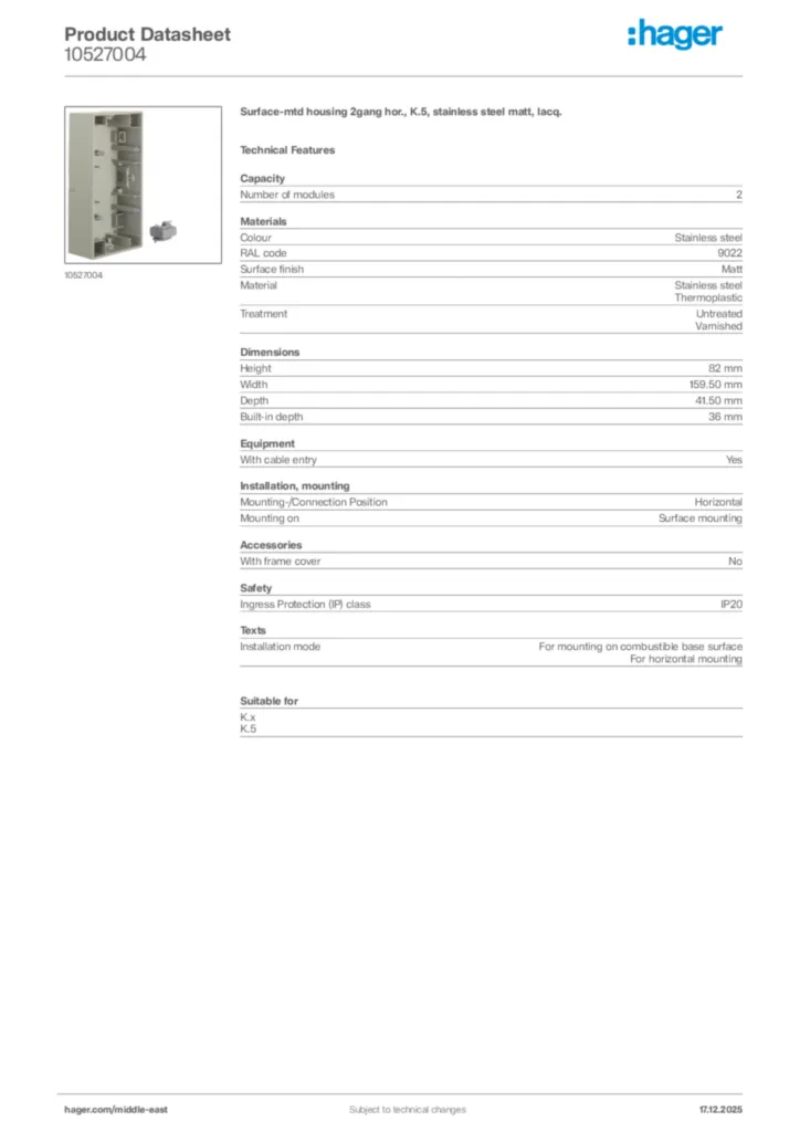 Image Hager Product data sheet 10527004  | Hager