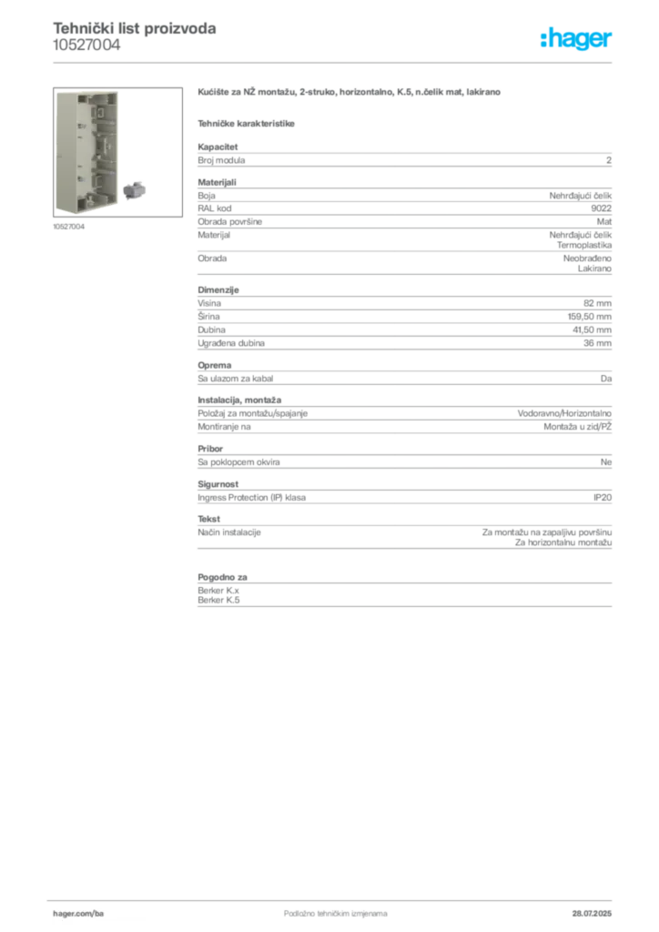 Slika Hager Product data sheet 10527004  | Hager