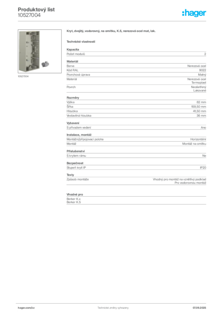 Obrázek Hager Produktový list 10527004 | Hager
