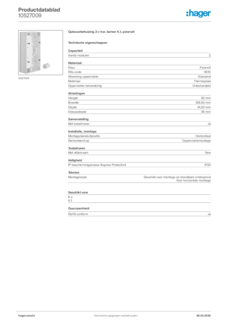 Afbeelding Hager Productdatablad 10527009 | Hager Nederland