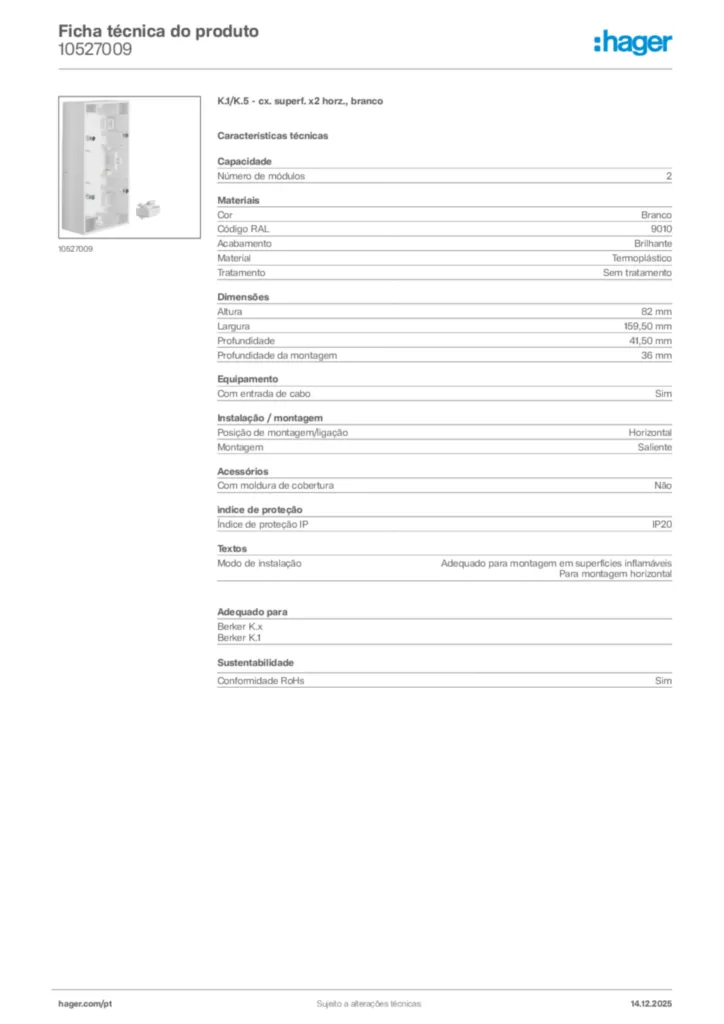 Imagem Hager Ficha técnica do produto 10527009 | Hager Portugal
