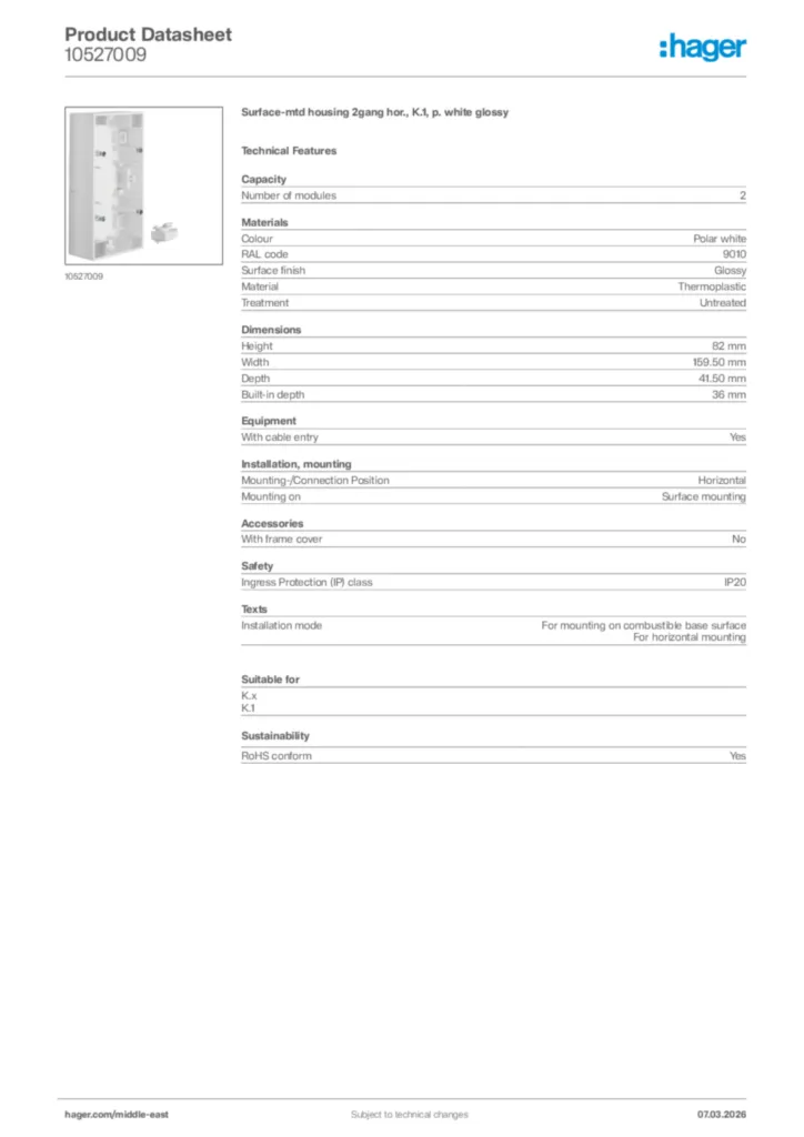 Image Hager Product data sheet 10527009  | Hager
