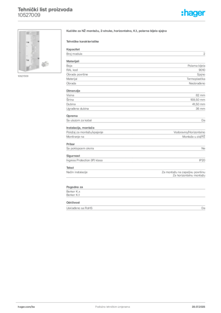 Slika Hager Product data sheet 10527009  | Hager