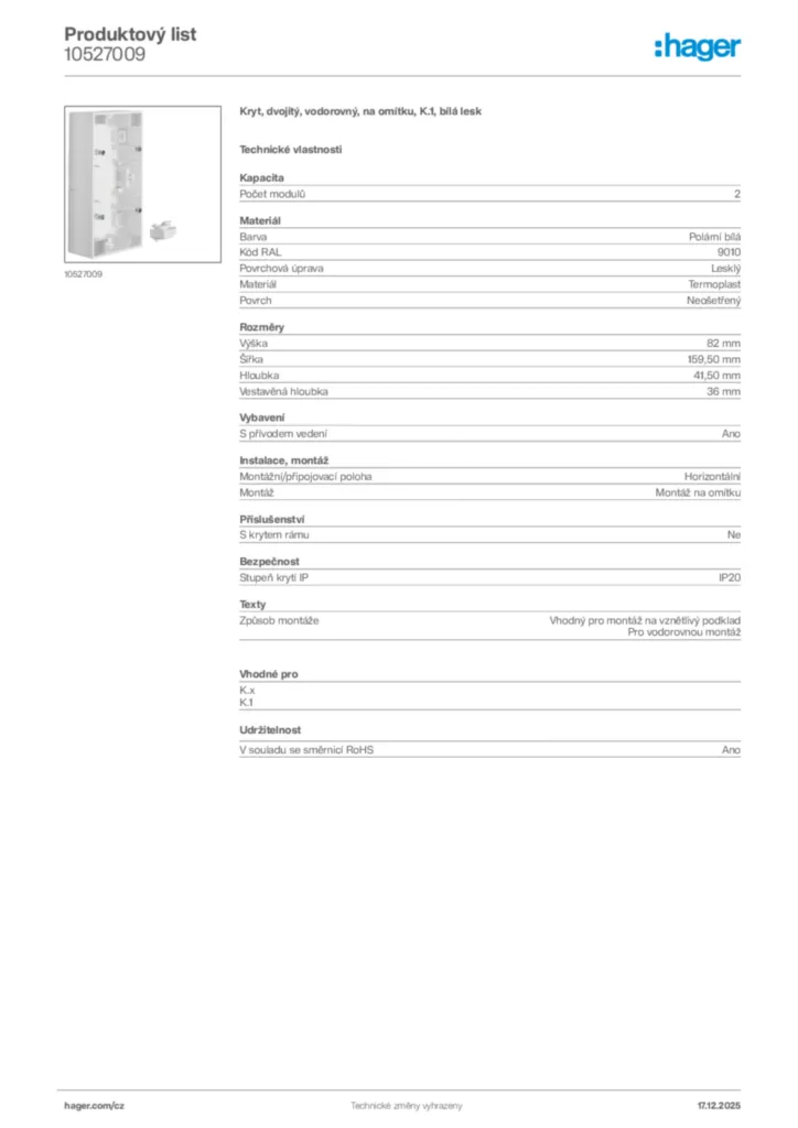 Obrázek Hager Produktový list 10527009 | Hager