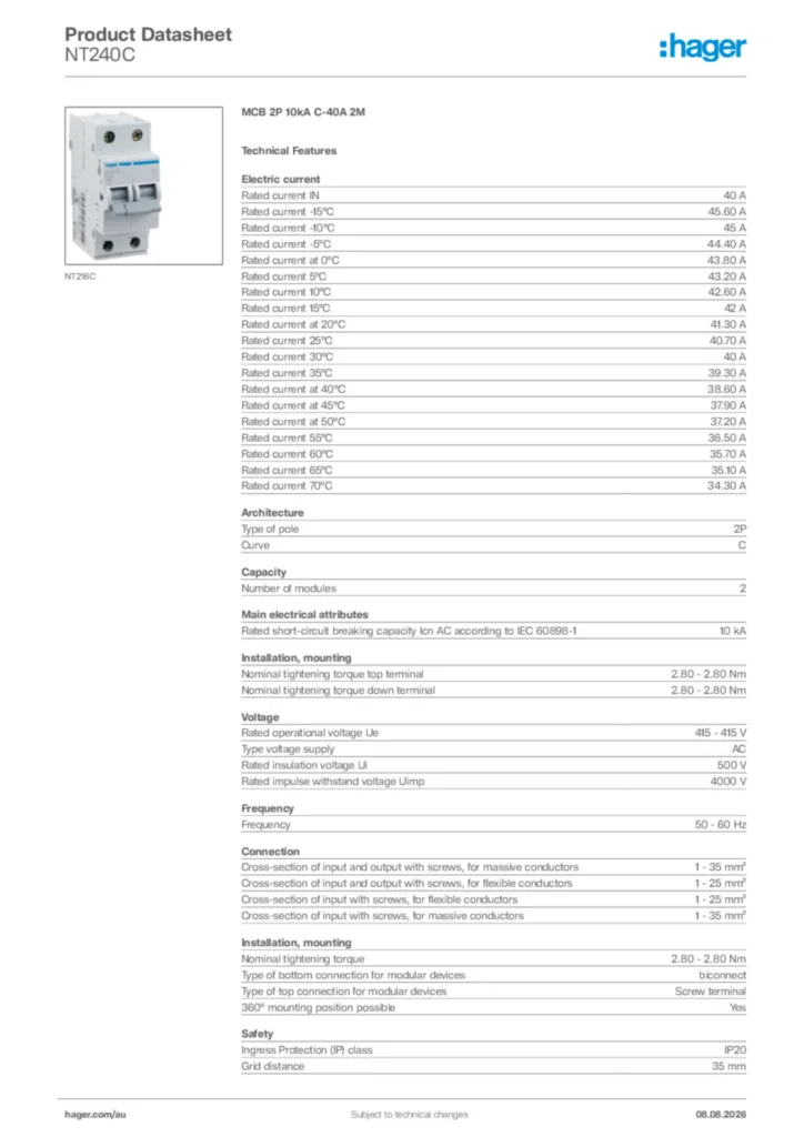 Image Hager Product data sheet NT240C  | Hager Australia