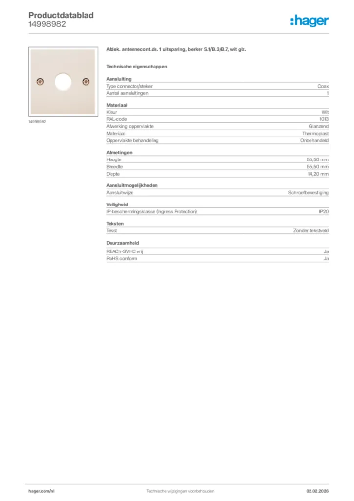 Afbeelding Hager Productdatablad 14998982 | Hager Nederland