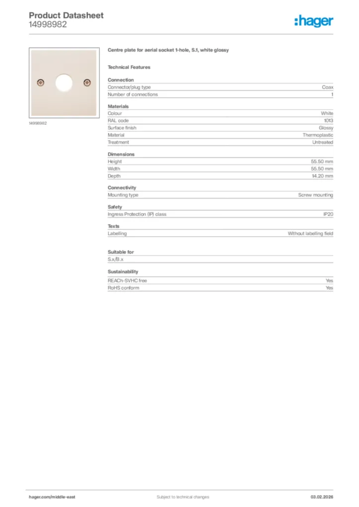 Image Hager Product data sheet 14998982  | Hager