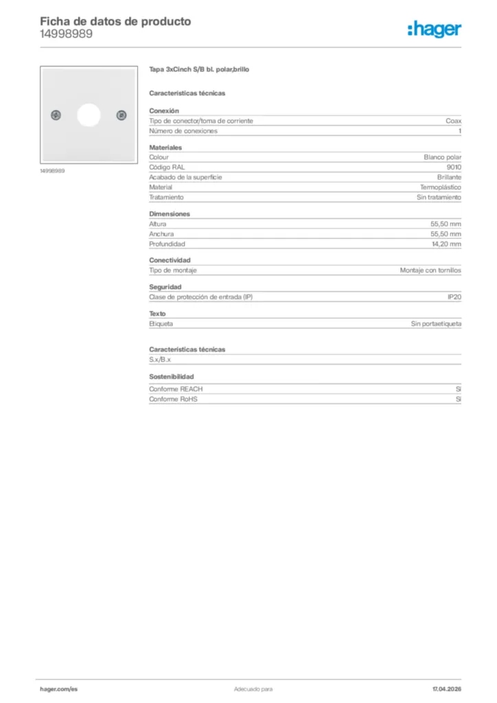 Imagen Hager Ficha de datos de producto 14998989 | Hager España
