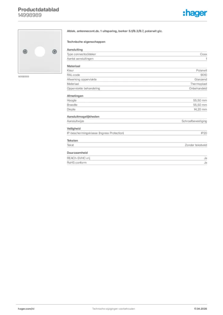 Afbeelding Hager Productdatablad 14998989 | Hager Nederland