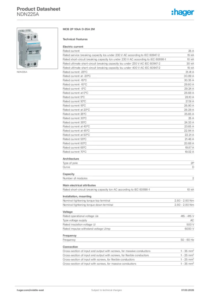 Image Hager Product data sheet NDN225A  | Hager