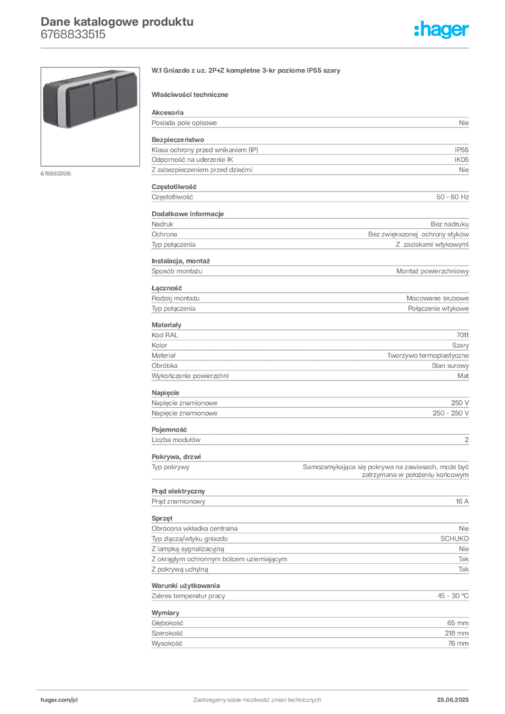 Zdjęcie Hager Karta katalogowa 6768833515 | Hager Polska