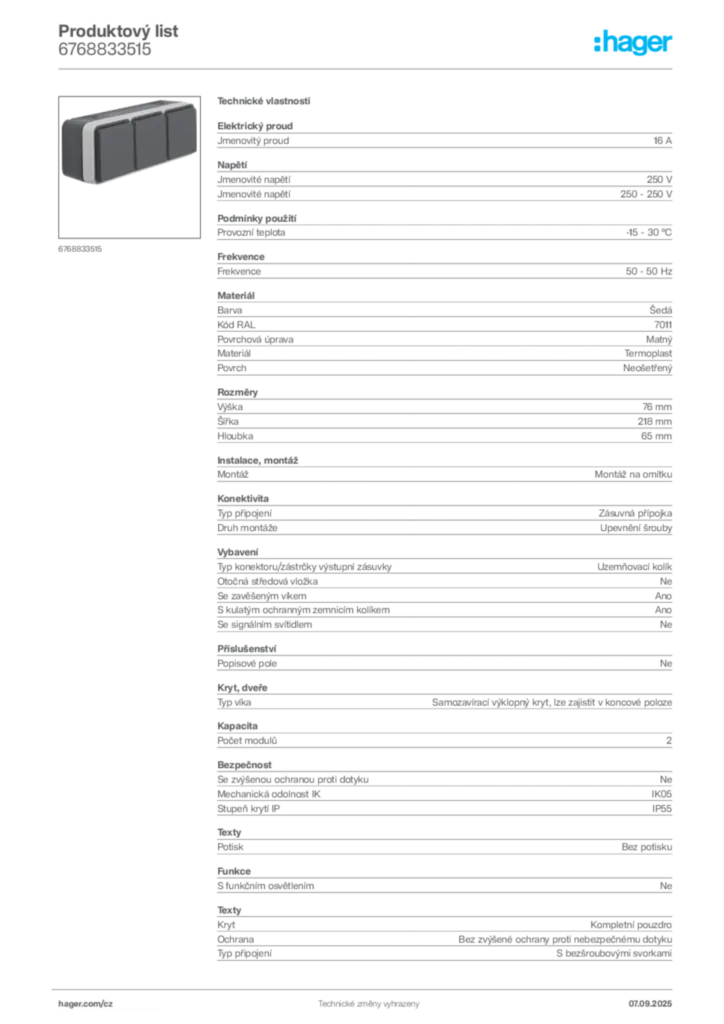 Obrázek Hager Produktový list 6768833515 | Hager
