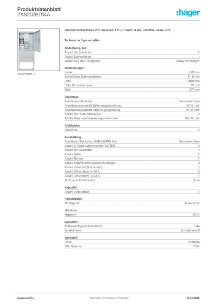 Bild Hager Produktdatenblatt ZAS207BD14A | Hager Deutschland