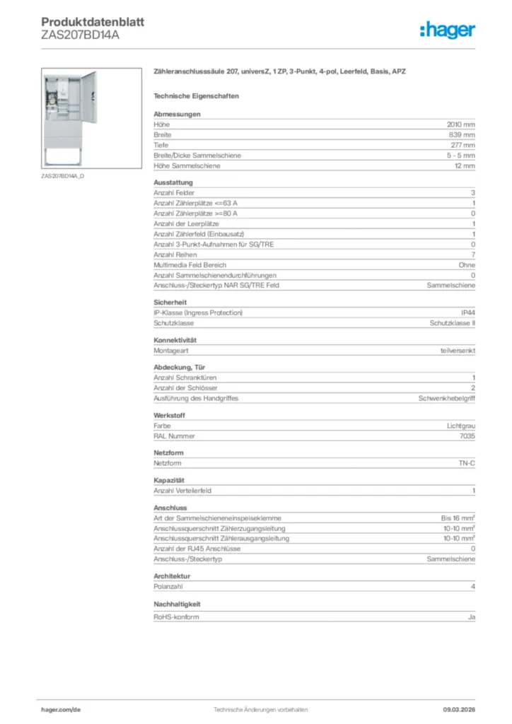 Bild Hager Produktdatenblatt ZAS207BD14A | Hager Deutschland