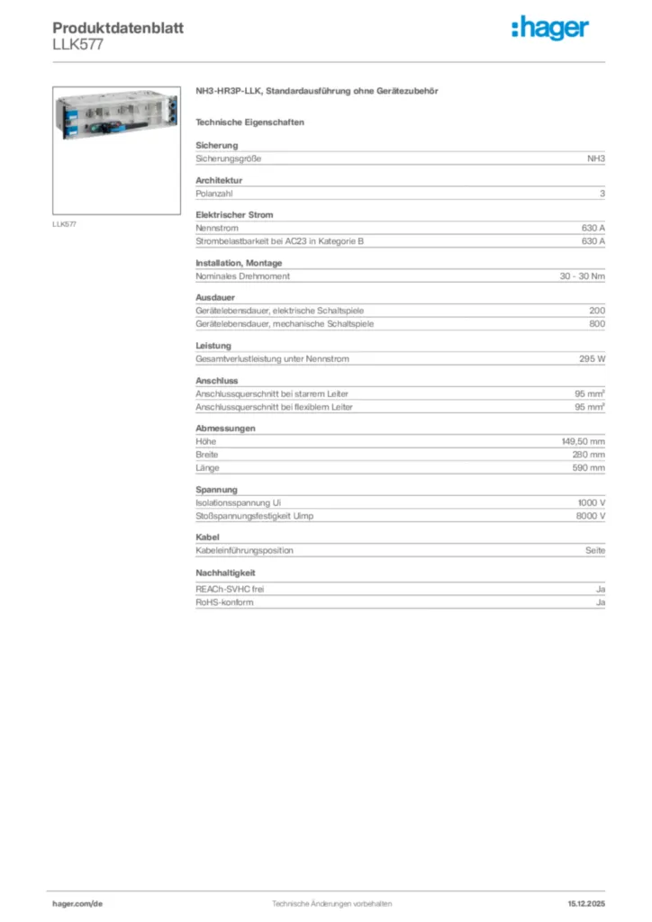 Bild Hager Produktdatenblatt LLK577 | Hager Deutschland