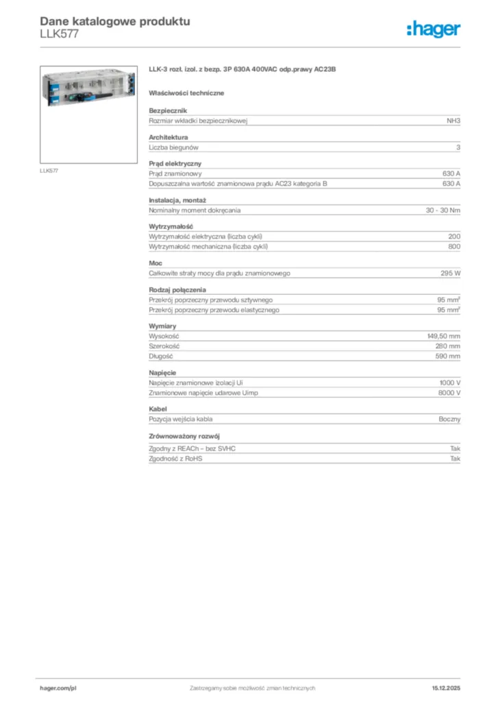 Zdjęcie Hager Karta katalogowa LLK577 | Hager Polska