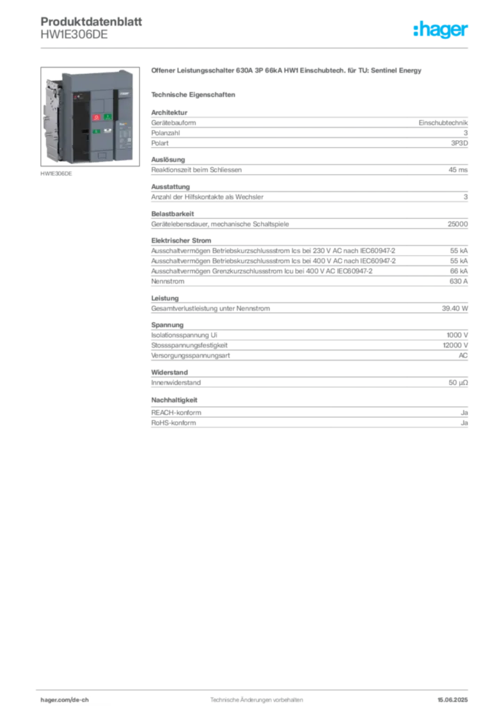 Bild Hager Produktdatenblatt HW1E306DE | Hager Schweiz