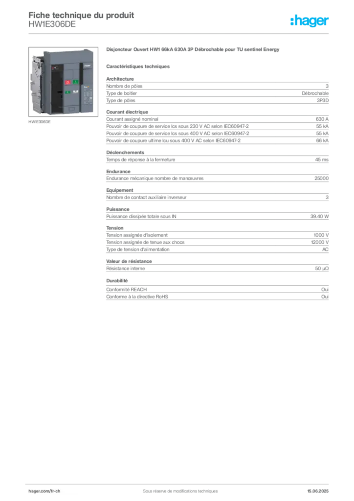 Image Hager Fiche technique du produit HW1E306DE | Hager Suisse