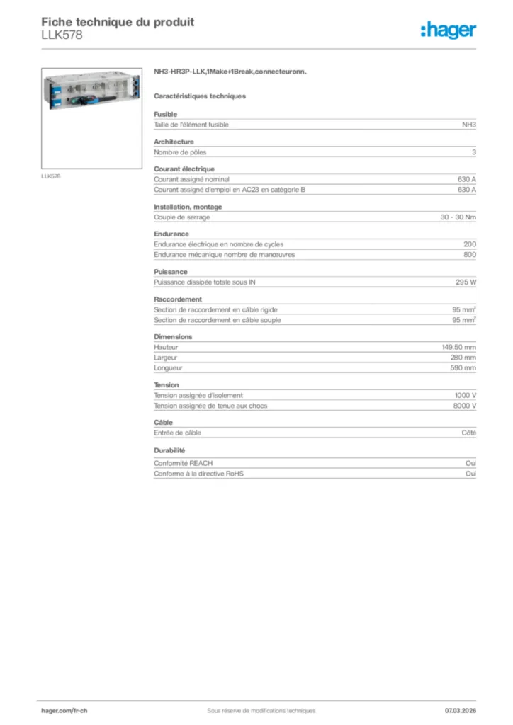 Image Hager Fiche technique du produit LLK578 | Hager Suisse