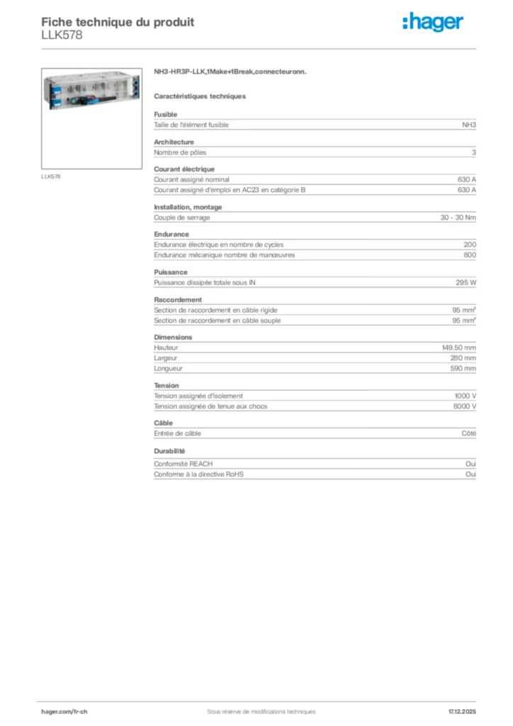 Image Hager Fiche technique du produit LLK578 | Hager Suisse