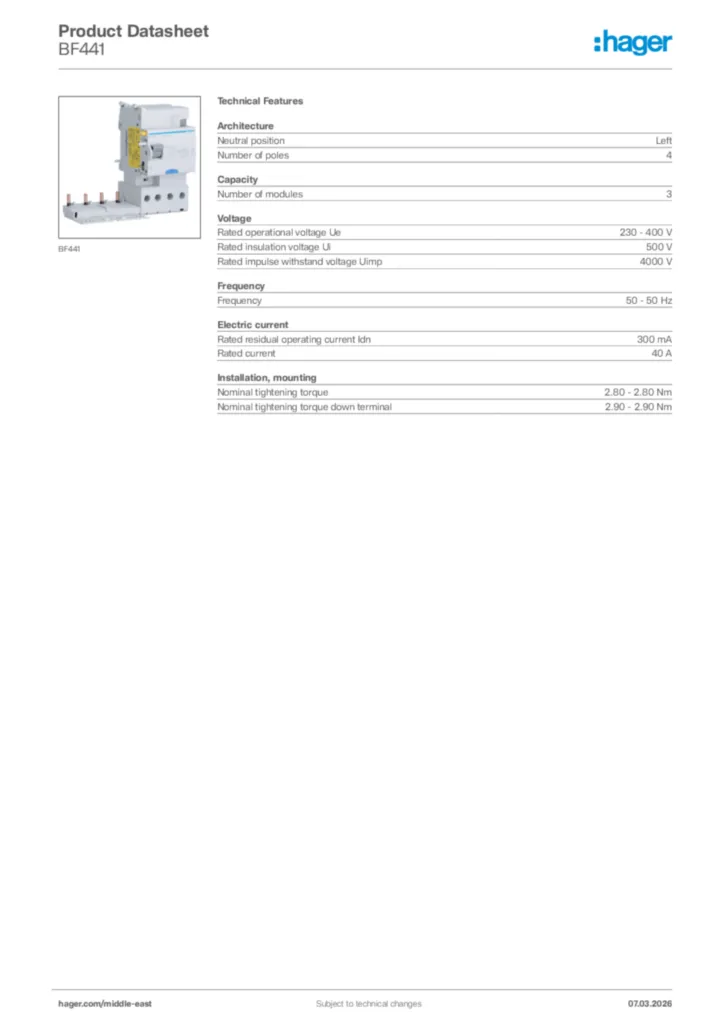 Image Hager Product data sheet BF441  | Hager