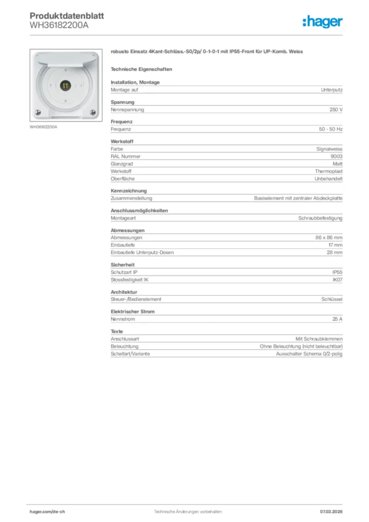 Bild Hager Produktdatenblatt WH36182200A | Hager Schweiz